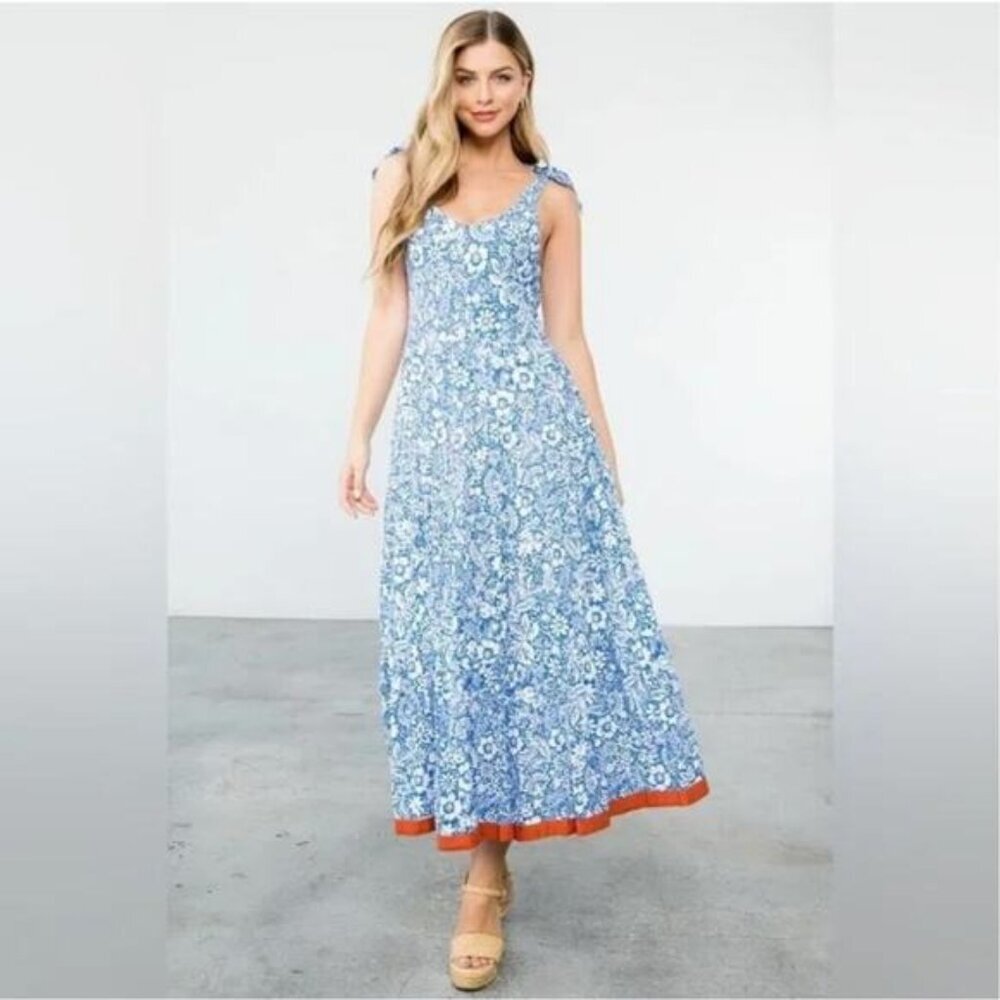 THML Vanna Maxi Dress Blue & Cream Women's Size Small